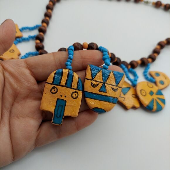 Vtg Hand Painted Wood Face Charm Necklace Southwest Tribal Mask Boho Bead Dangle - Picture 10 of 16